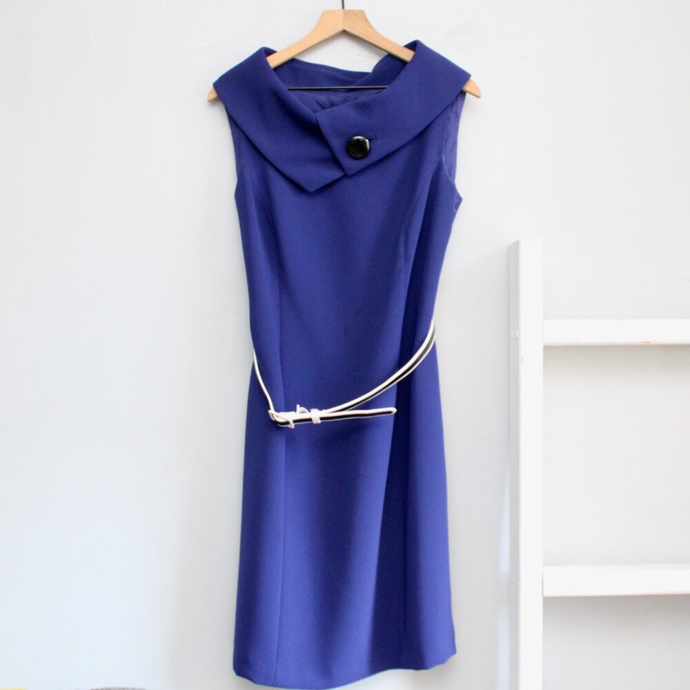 Tahari ASL Blue Black Roll Collar Tailored Sheath Retro Belted Dress Size 12